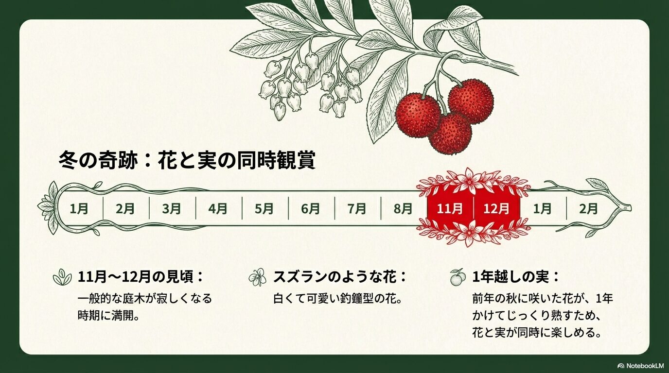 イチゴノキが冬の時期にスズランのような白い花と赤い実を同時につける様子