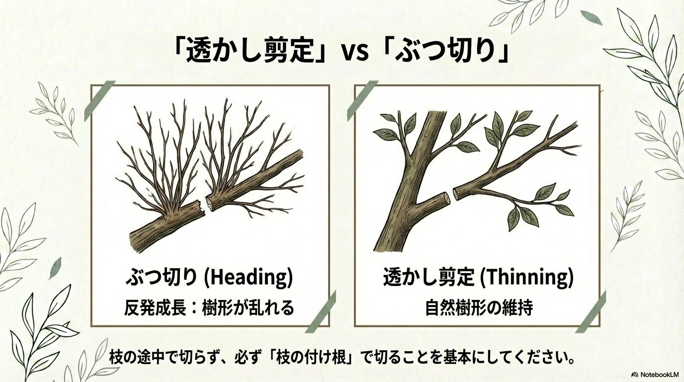 自然樹形を維持する透かし剪定と樹形を乱すぶつ切りの比較図