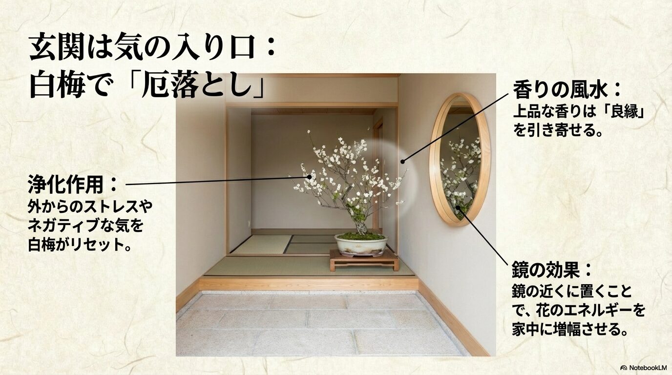 玄関に置いた白梅が外からのネガティブな気をリセットし、鏡の効果でエネルギーを増幅させるイメージ図