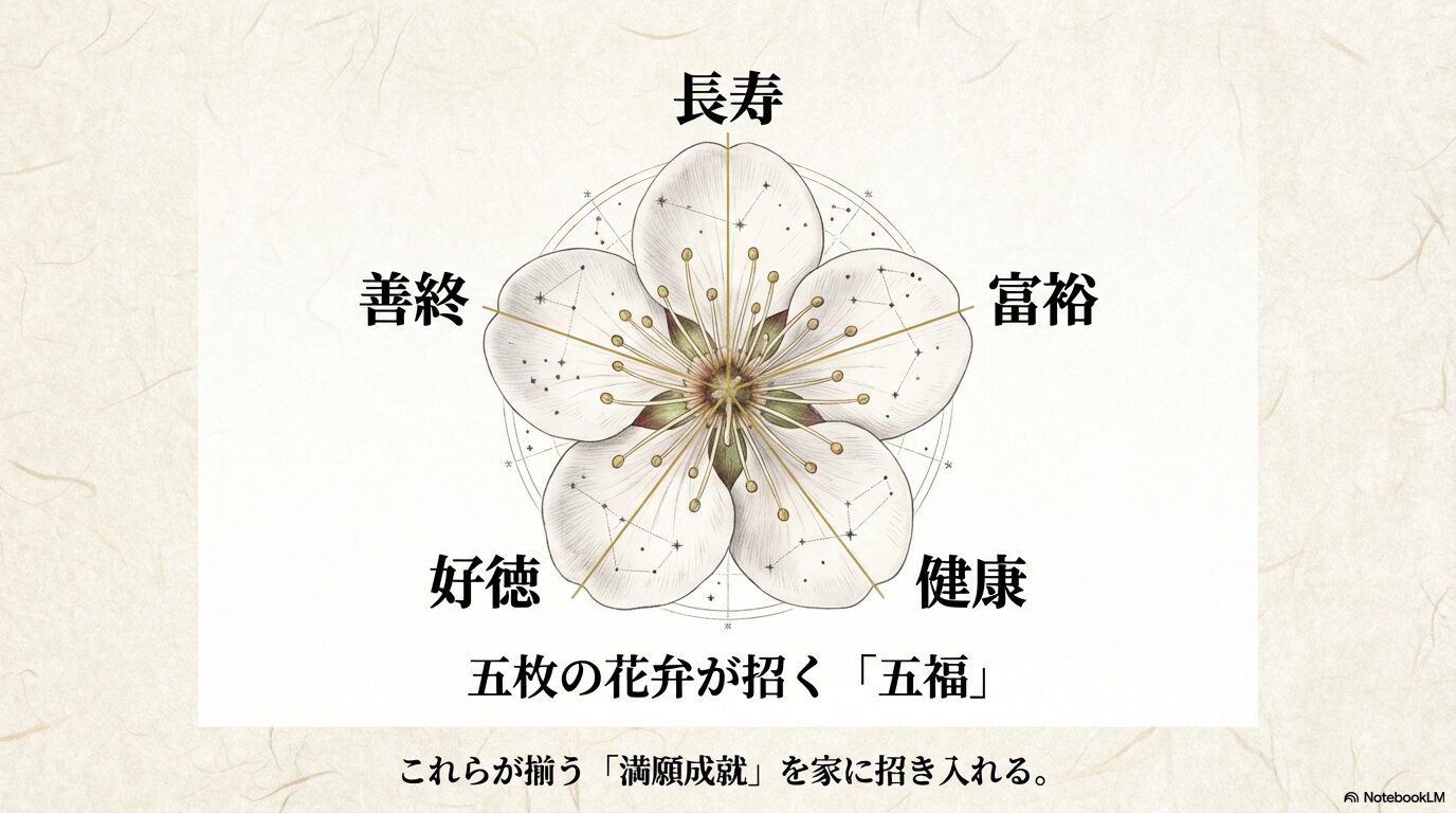 梅の5枚の花弁が象徴する長寿・富裕・健康・好徳・善終の五福を表した図解