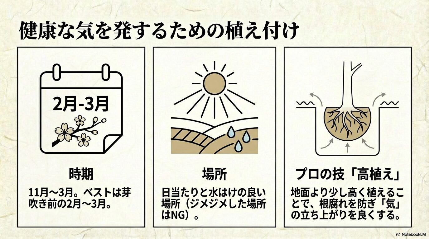 2月～3月の植え付け適期と、根腐れを防ぎ気の立ち上がりを良くするプロの技「高植え」の図解