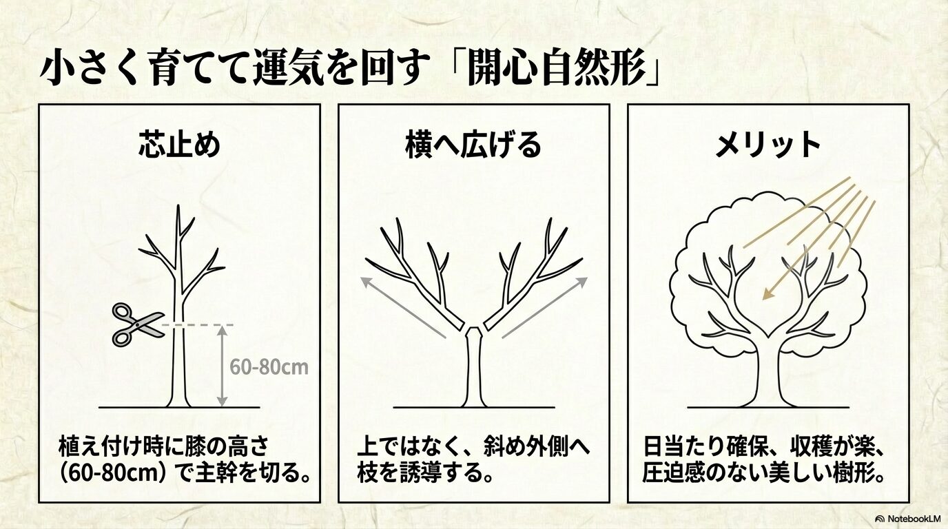 植え付け時に主幹を切る「芯止め」の位置と、枝を斜め外側に誘導して日当たりを確保する剪定の図解