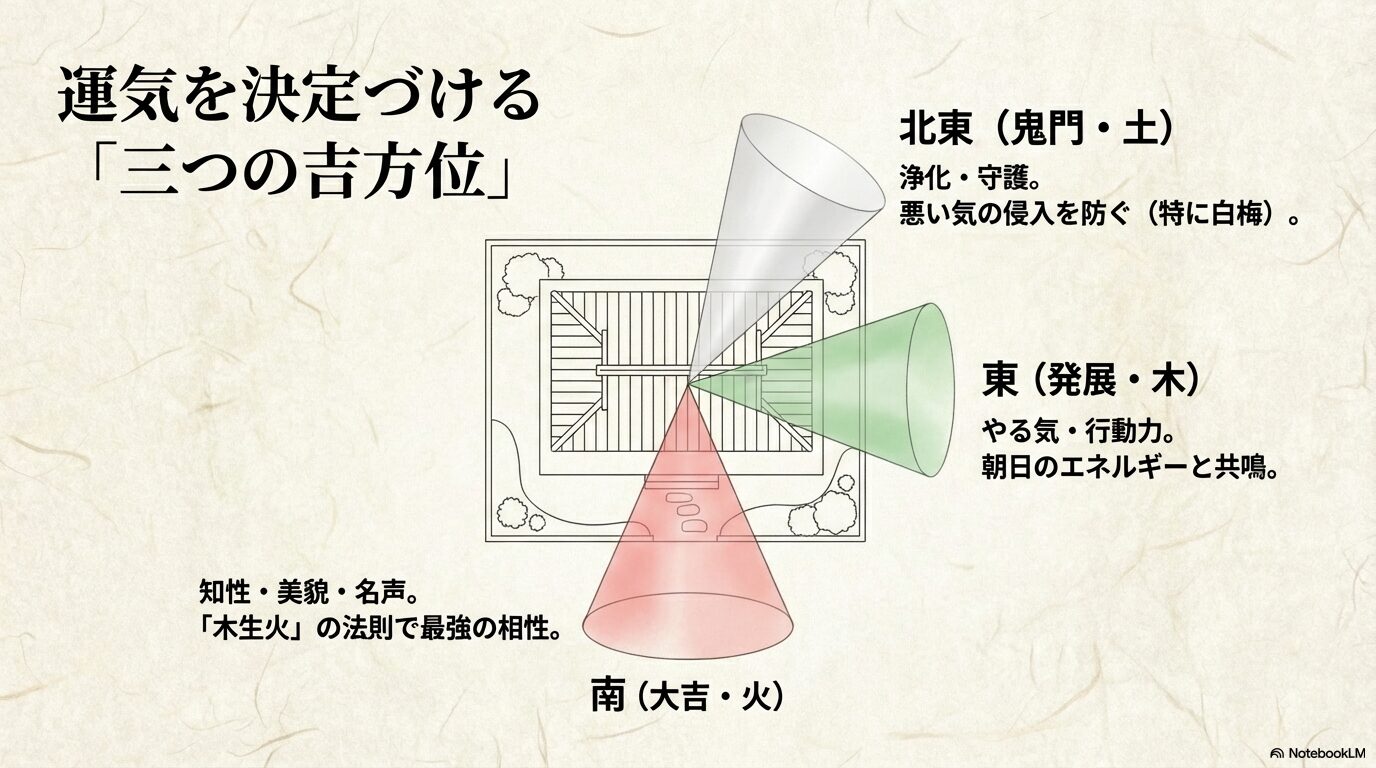 南（大吉・火）、東（発展・木）、北東（浄化・土）における梅の風水効果と役割の相関図