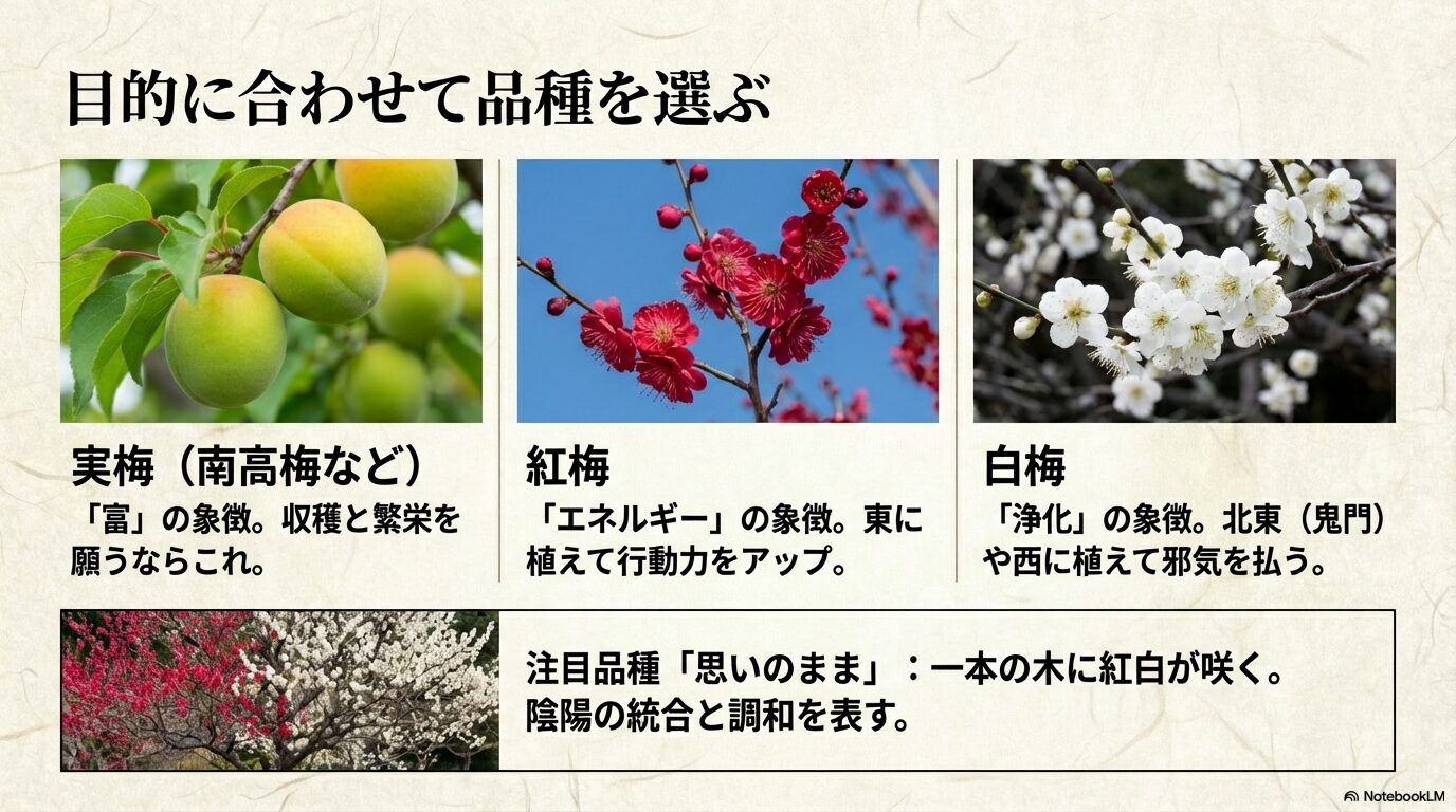 富を象徴する実梅、行動力を高める紅梅、邪気を払う白梅、陰陽調和の「思いのまま」など品種別の風水効果一覧