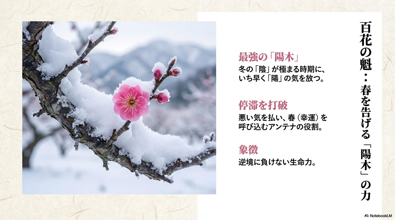 冬の陰の気が極まる時期に、いち早く陽の気を放ち停滞を打破する梅の木のイラスト
