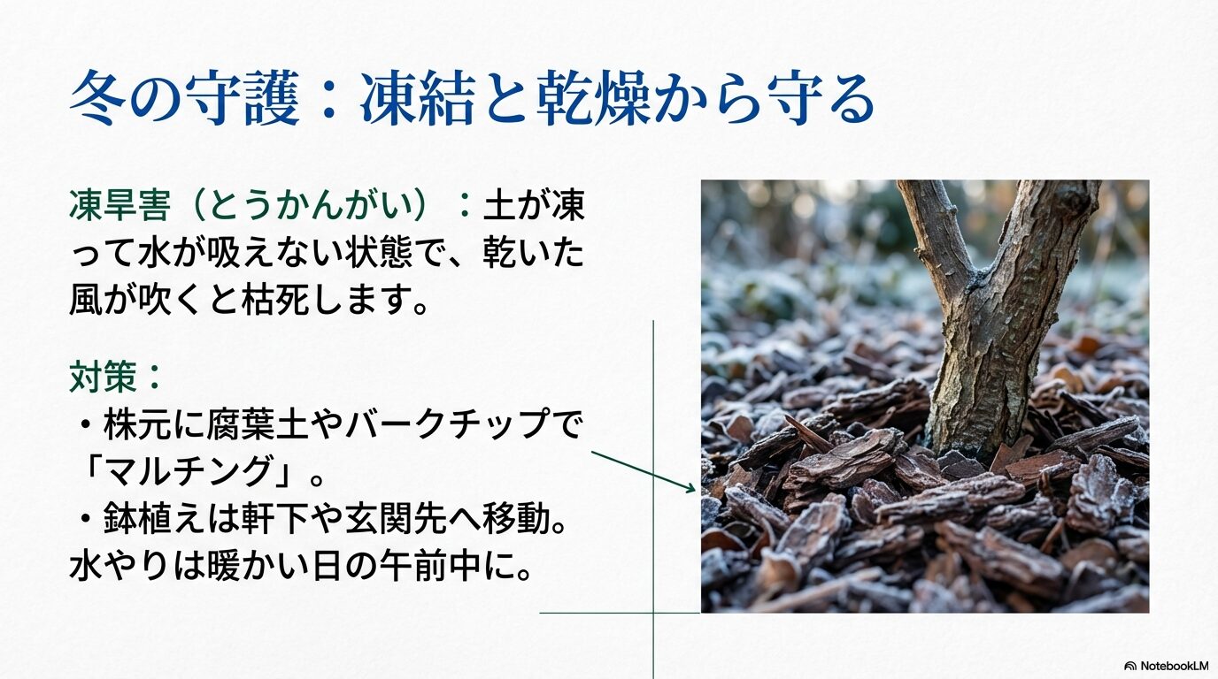 土の凍結と乾燥した風による凍旱害を防ぐためのマルチングや置き場所の工夫