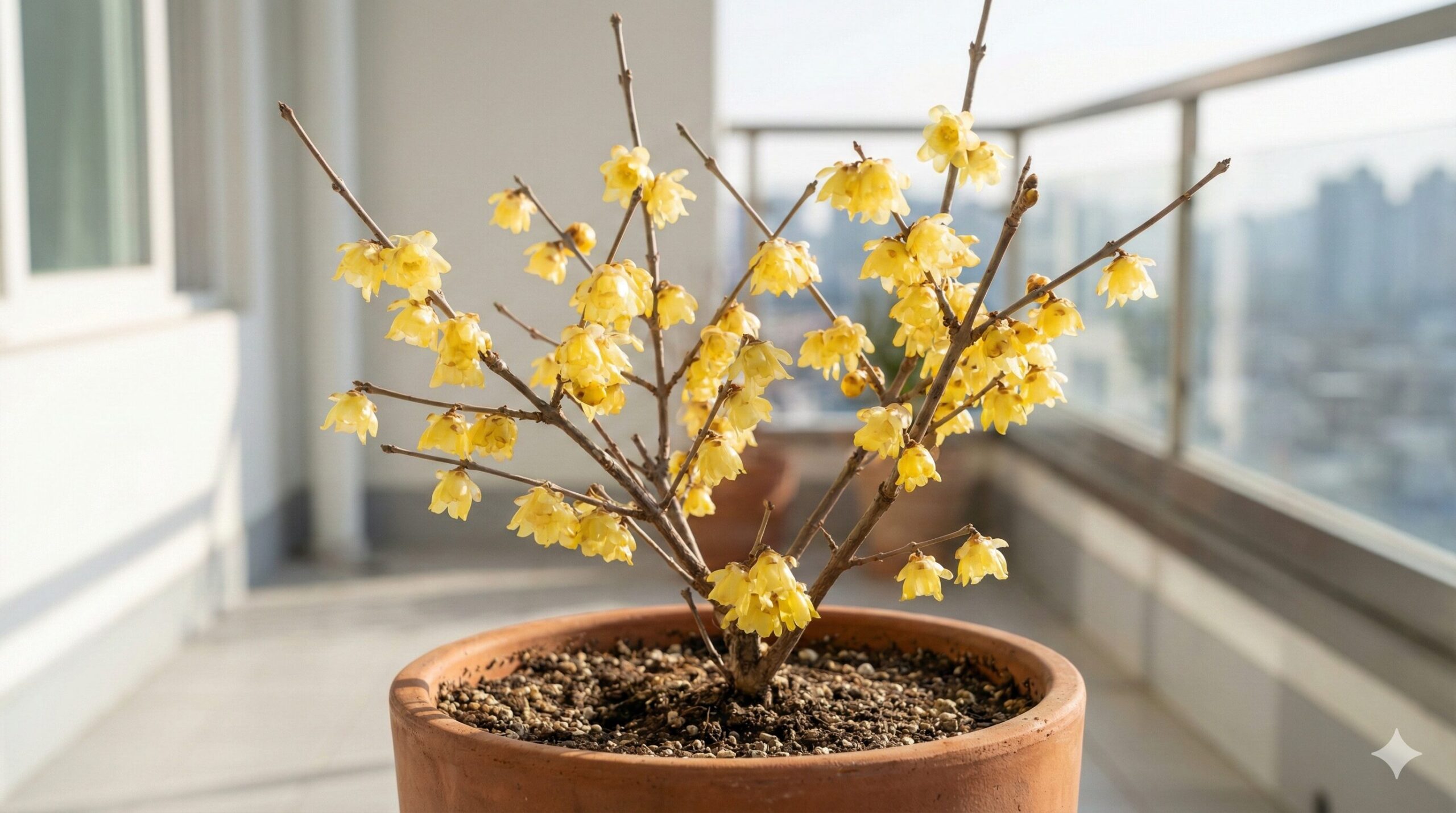 日当たりの良いベランダで満開の花を咲かせる蝋梅(ロウバイ)の鉢植え。適切な管理で美しく育った様子。