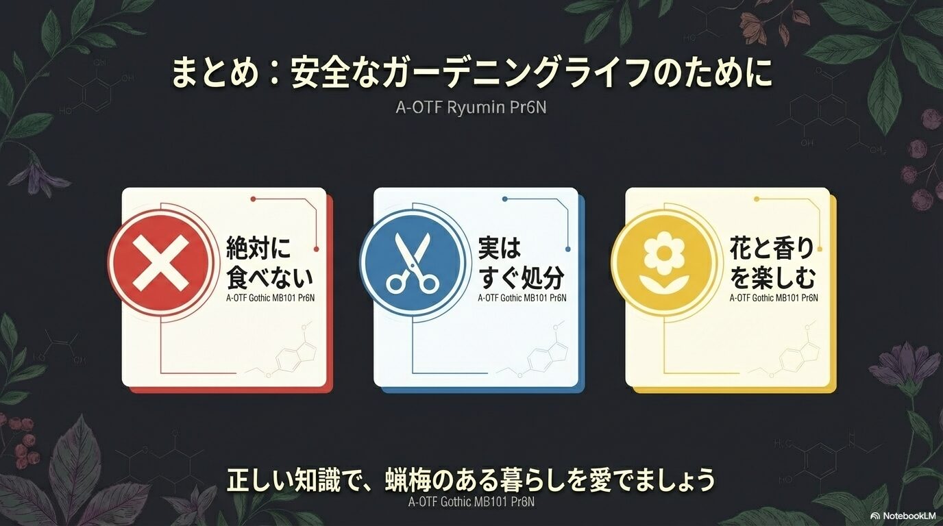 まとめ:絶対に食べない、実はすぐ処分、花と香りを楽しむという3つのポイント。