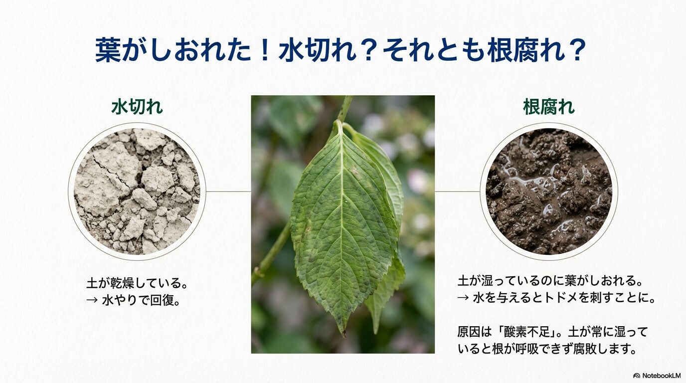 常山アジサイの葉がしおれた際の原因である「水切れ」と、酸素不足による「根腐れ」の見極め方