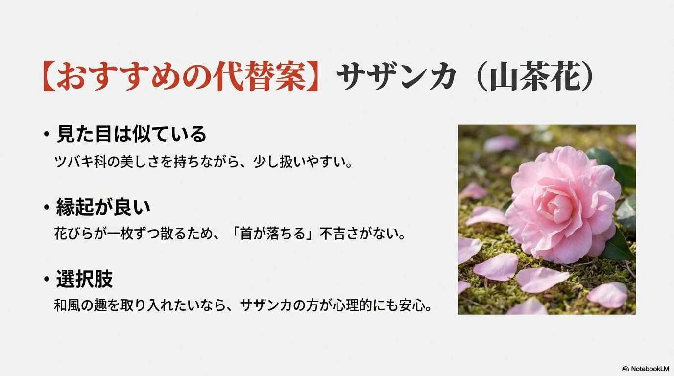 椿の代わりとしておすすめの、花びらが散るため縁起が良いとされるサザンカ（山茶花）