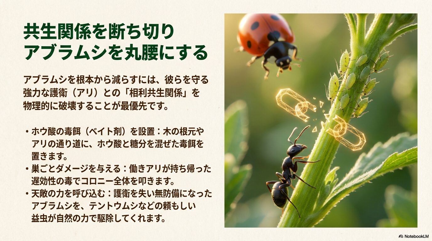 アブラムシを守るアリと天敵のテントウムシの生態系
