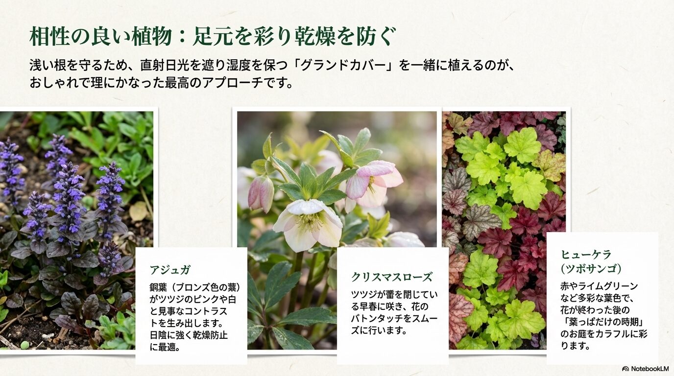 ツツジの足元を彩り乾燥を防ぐアジュガ、クリスマスローズ、ヒューケラ（ツボサンゴ）の写真