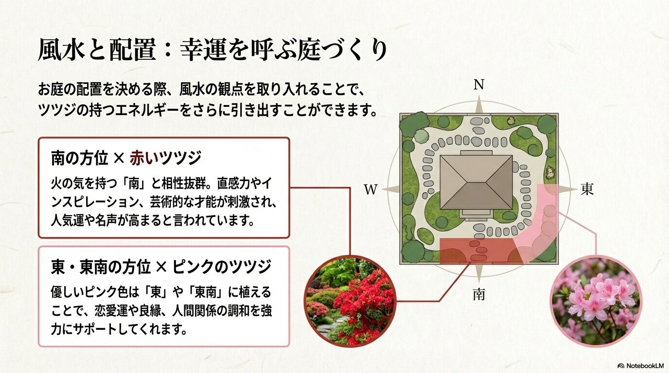 赤いツツジは南、ピンクのツツジは東や東南など、ツツジの花の色と風水効果を高める吉方位を示す図解
