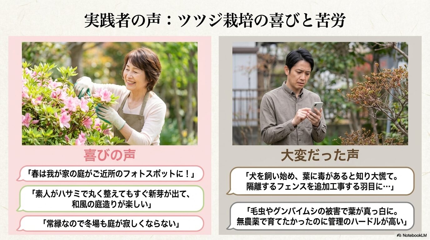 ツツジの手入れをして笑顔の女性と、庭先でスマートフォンを見て悩む男性の対比画像