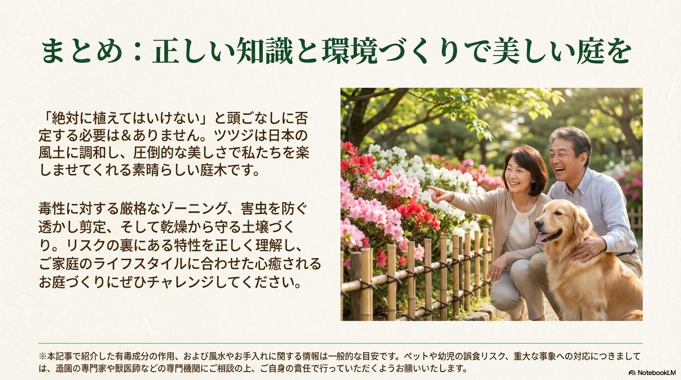 愛犬のゴールデンレトリバーと一緒に満開のツツジを笑顔で眺める夫婦の写真と、ツツジ栽培のまとめメッセージ