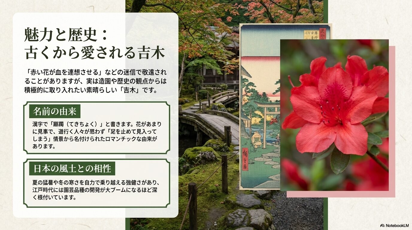 古くから吉木として愛されてきたツツジの魅力と名前の由来、日本の風土との相性を解説したスライド
