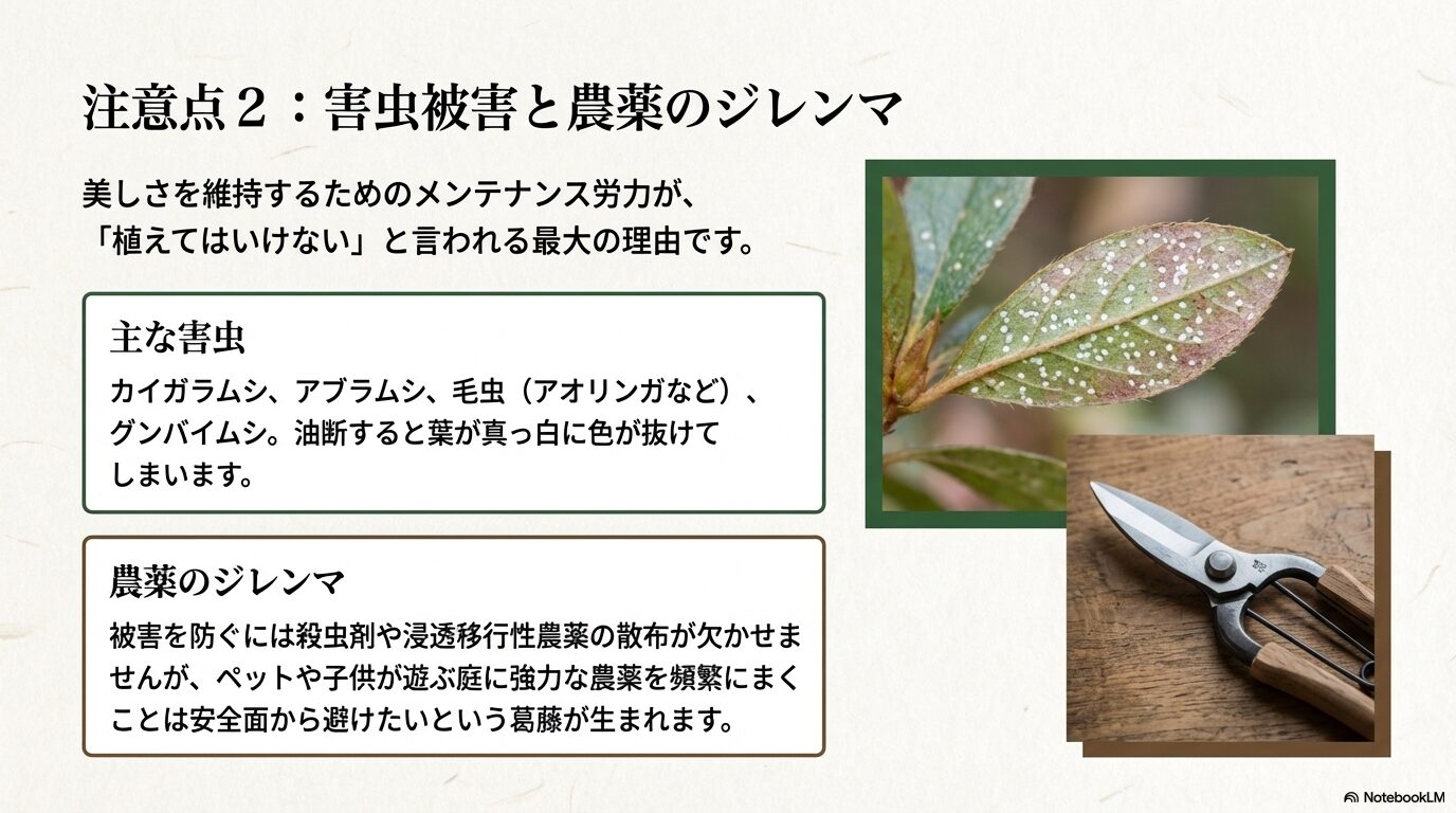 ツツジに発生しやすい害虫被害の種類と、農薬使用に関するジレンマについて解説するスライド