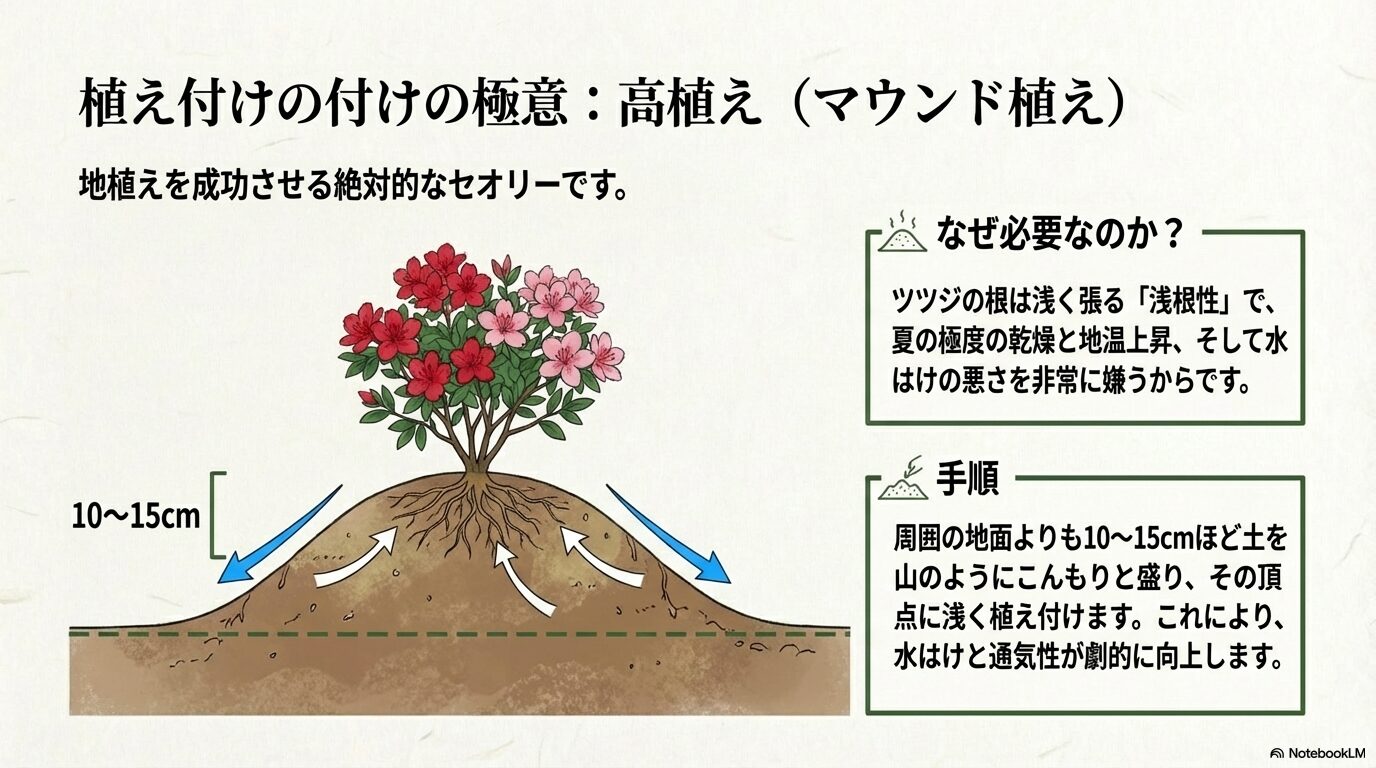 ツツジを地植えする際に、周囲の地面より10～15cmほど土を盛り上げて水はけを良くする「高植え」の手順を図解したイラスト