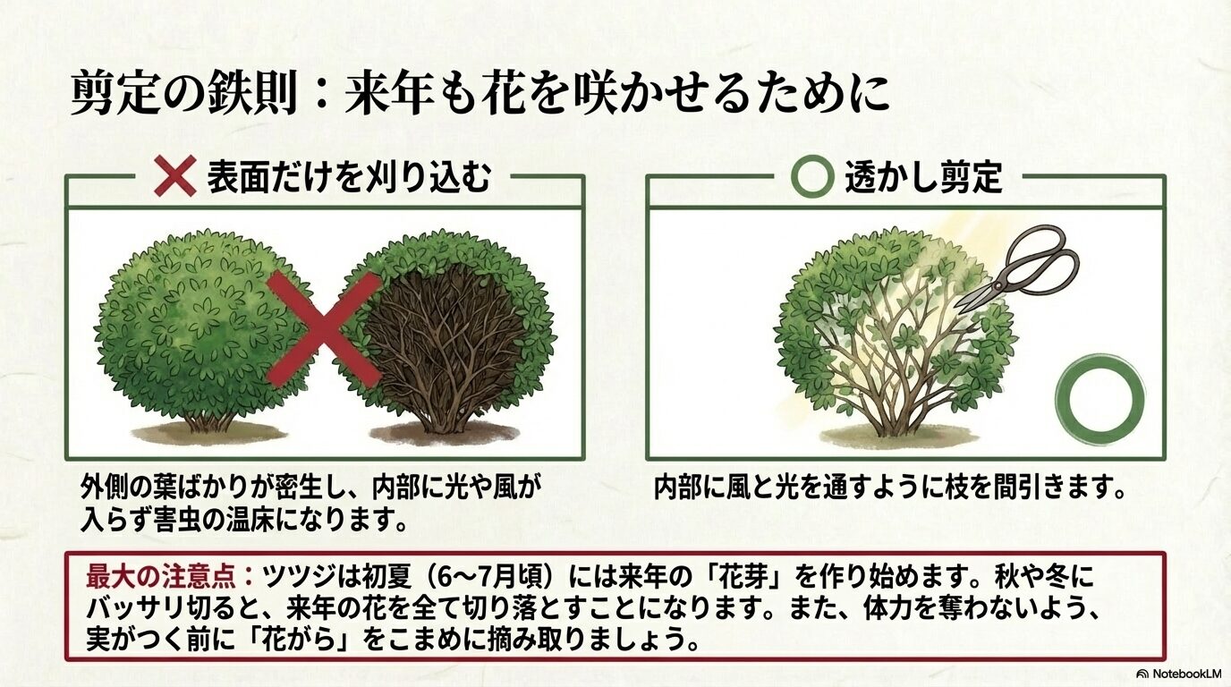 表面だけを刈り込むNG例と、内部に風と光を通すように枝を間引く「透かし剪定」の正しいやり方を比較したイラスト