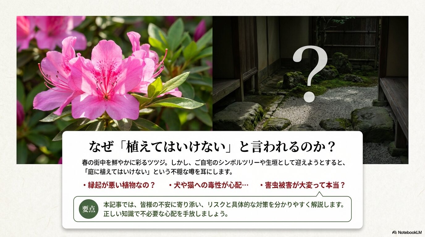 縁起の悪さや犬猫への毒性、害虫被害など、ツツジを庭に植えてはいけないと言われる理由をまとめたスライド