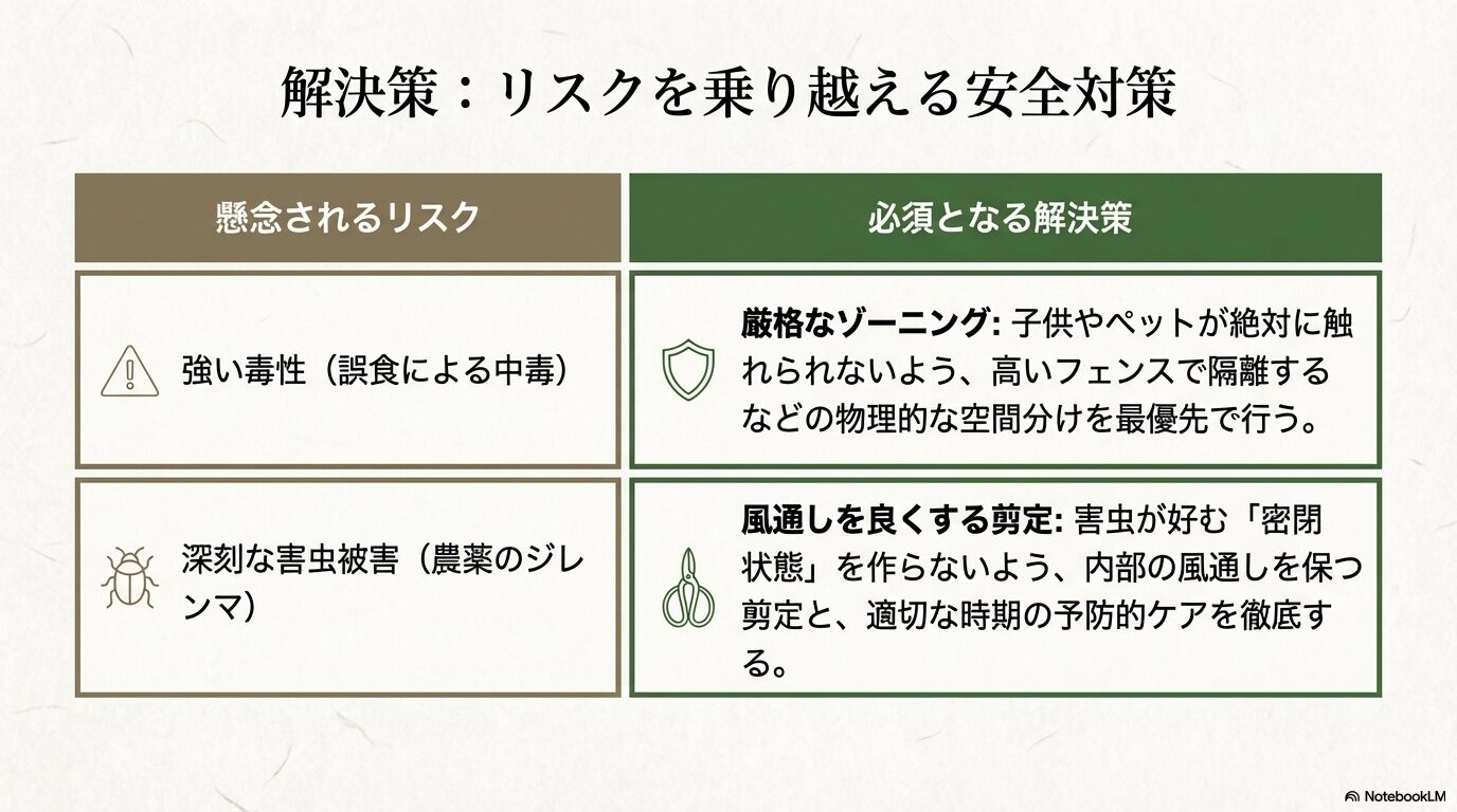 毒性や害虫被害といったリスクに対し、厳格なゾーニングや風通しの良い剪定などの解決策を提示するスライド