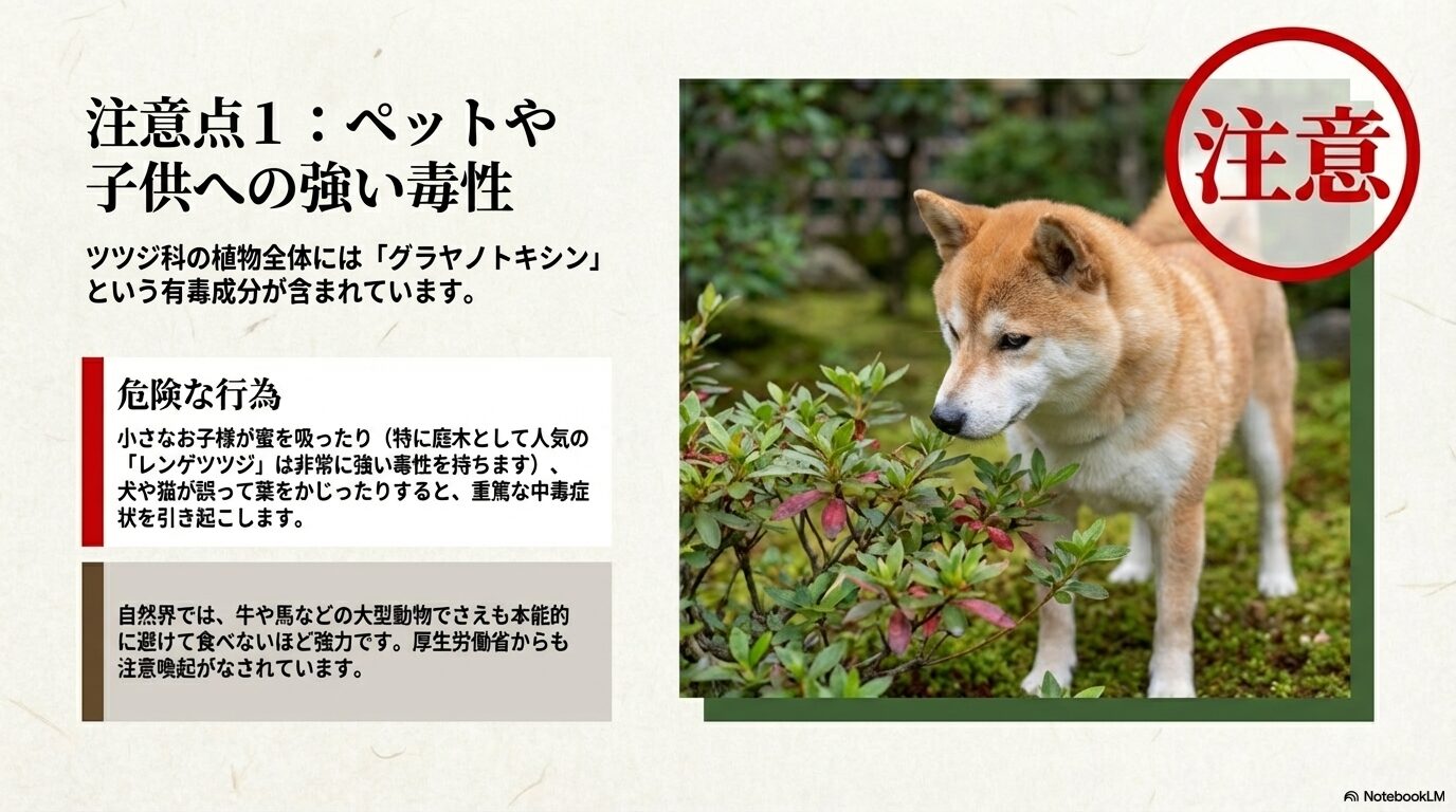 ツツジのにおいを嗅ごうとしている柴犬の写真と、ペットや子供への強い毒性を警告する注意マーク