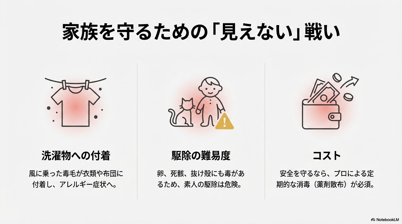 チャドクガの毒毛が洗濯物に付着するリスクや小さな子供・ペットへの健康被害と駆除コスト