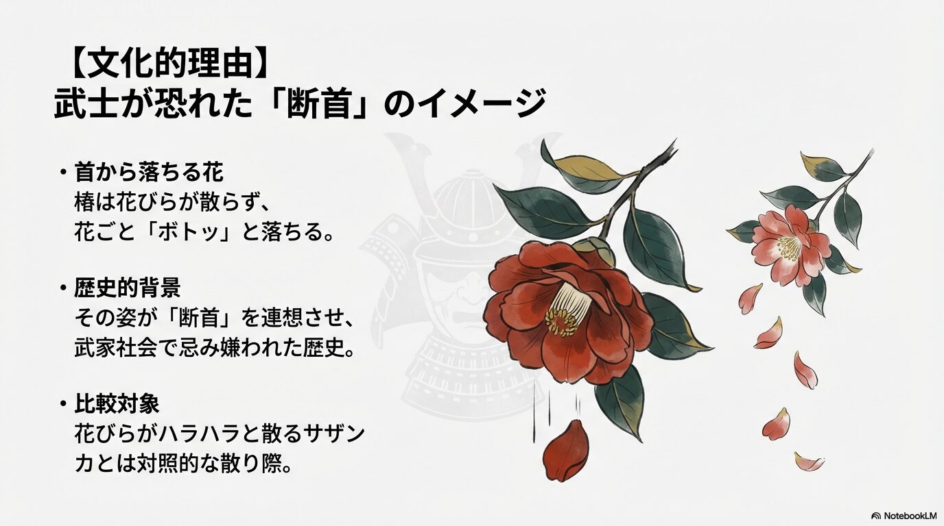 椿の花が首から丸ごと落ちる様子が武士の断首を連想させ忌み嫌われた歴史的な文化的理由