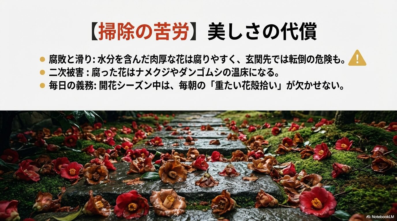 地面に落ちた椿の肉厚な花が腐敗し、滑りやすくなることや毎日の掃除の苦労