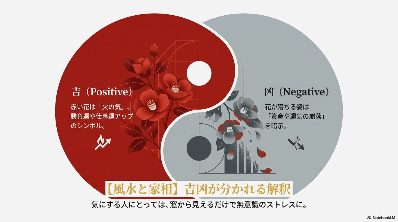 椿の風水における吉凶の解釈の違い。火の気による運気アップと花が落ちる運気崩落の暗示