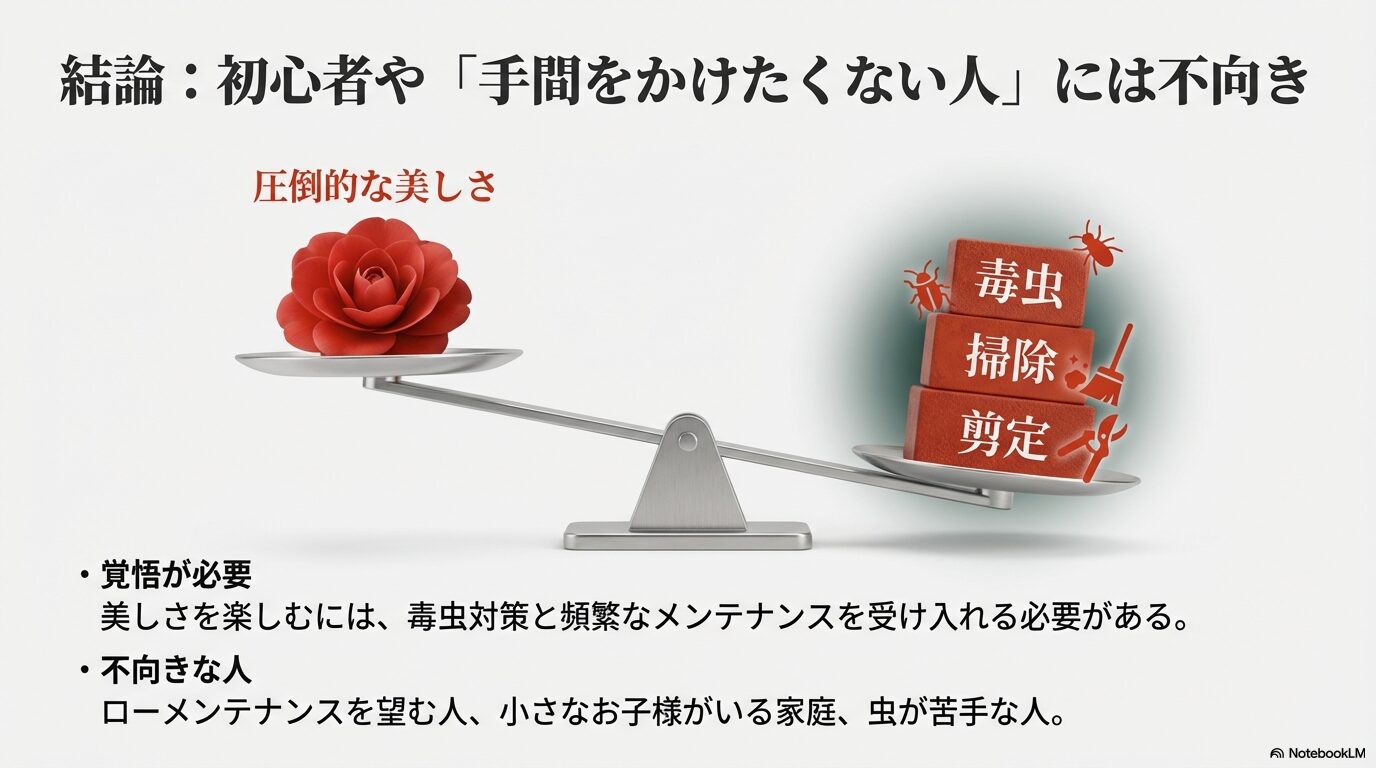 椿の圧倒的な美しさと、毒虫対策・掃除・剪定の手間を天秤にかけた初心者への不向きさの比較