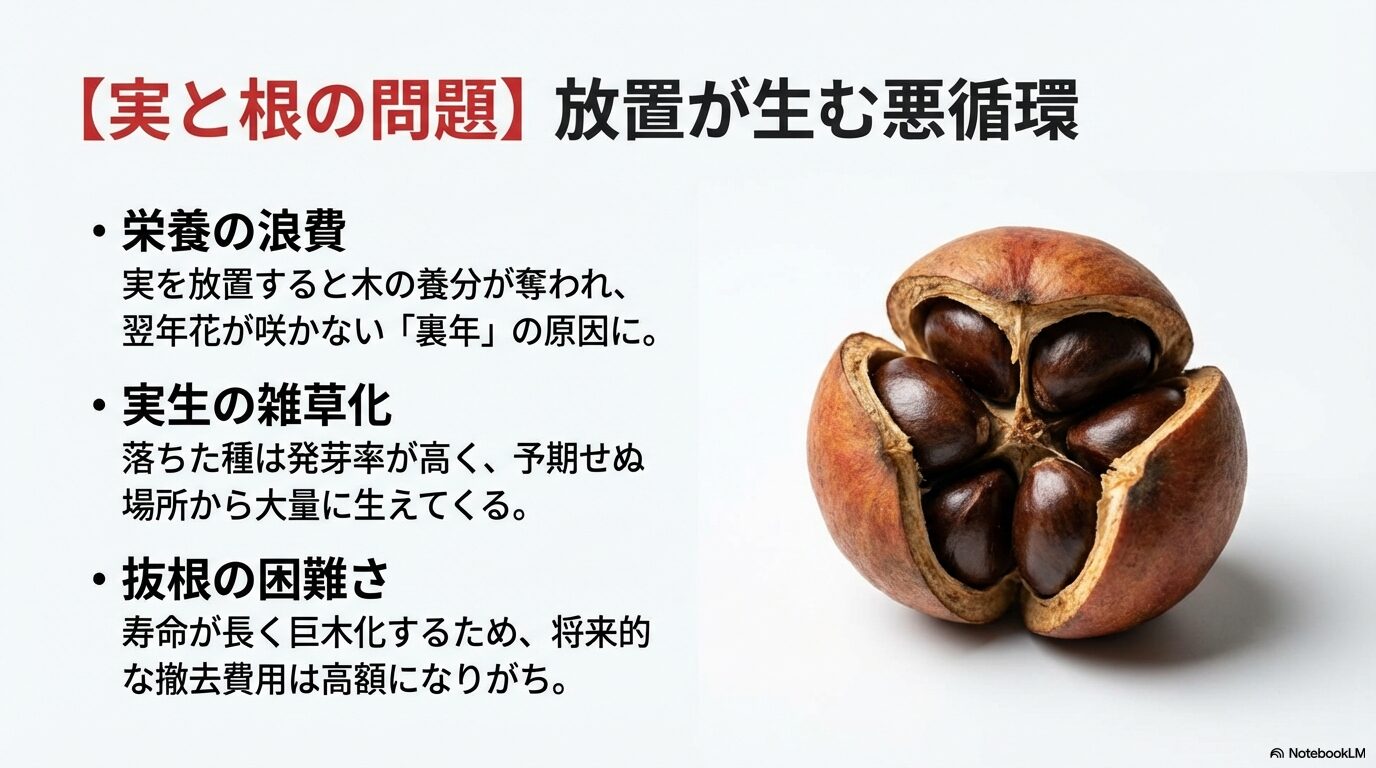 放置すると木の養分を奪い裏年の原因になる椿の実と、発芽率の高い種から生える雑草化の問題