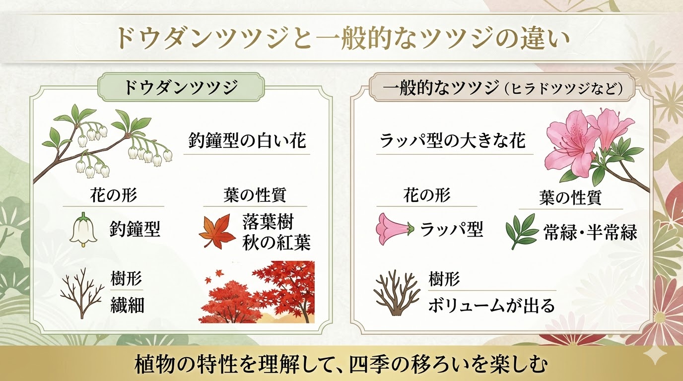 ドウダンツツジと一般的なツツジ（ヒラドツツジなど）の花の形、葉の性質、樹形の違いを分かりやすく比較した解説スライド画像。