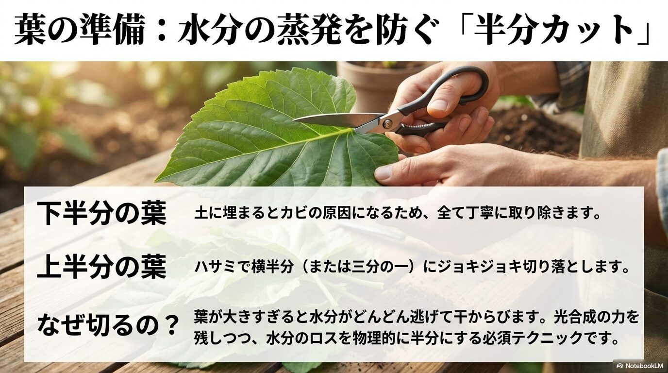 水分の蒸発を防ぐために、下半分の葉を取り除き上半分の葉をハサミで横半分にカットする手順