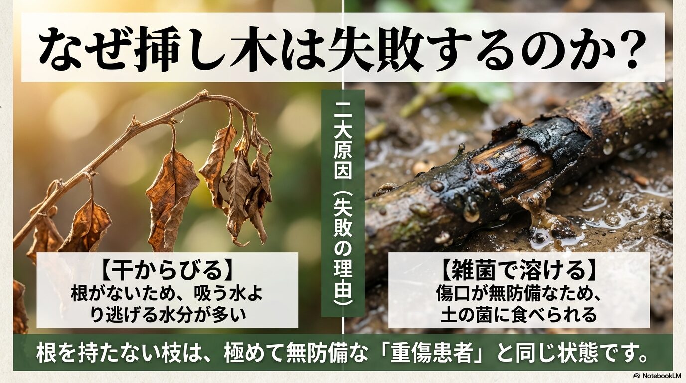 挿し木が失敗する二大原因。干からびることと、雑菌で溶けること