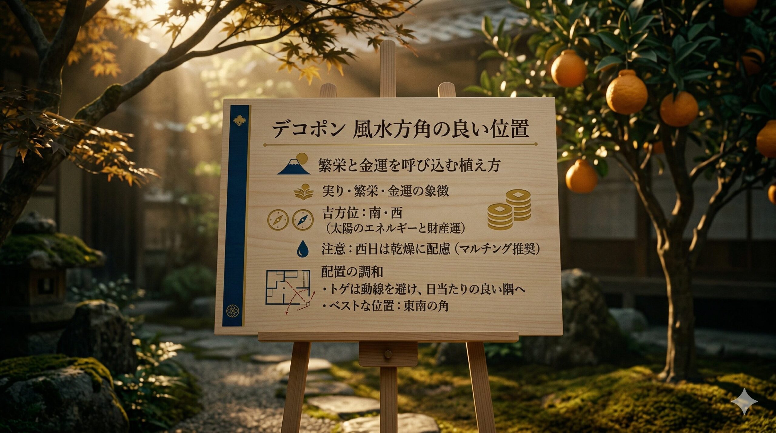 風水で金運や健康運を呼び込む、デコポンの吉方位と植え方の注意点をまとめた解説スライド画像。南、西の方角の効果と、トゲのある木の配置に関する注意が記載されています。