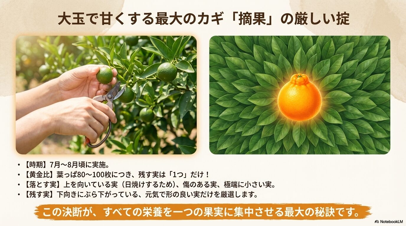 デコポンの大玉で甘い実を育てるために1つの実に栄養を集中させるイメージ