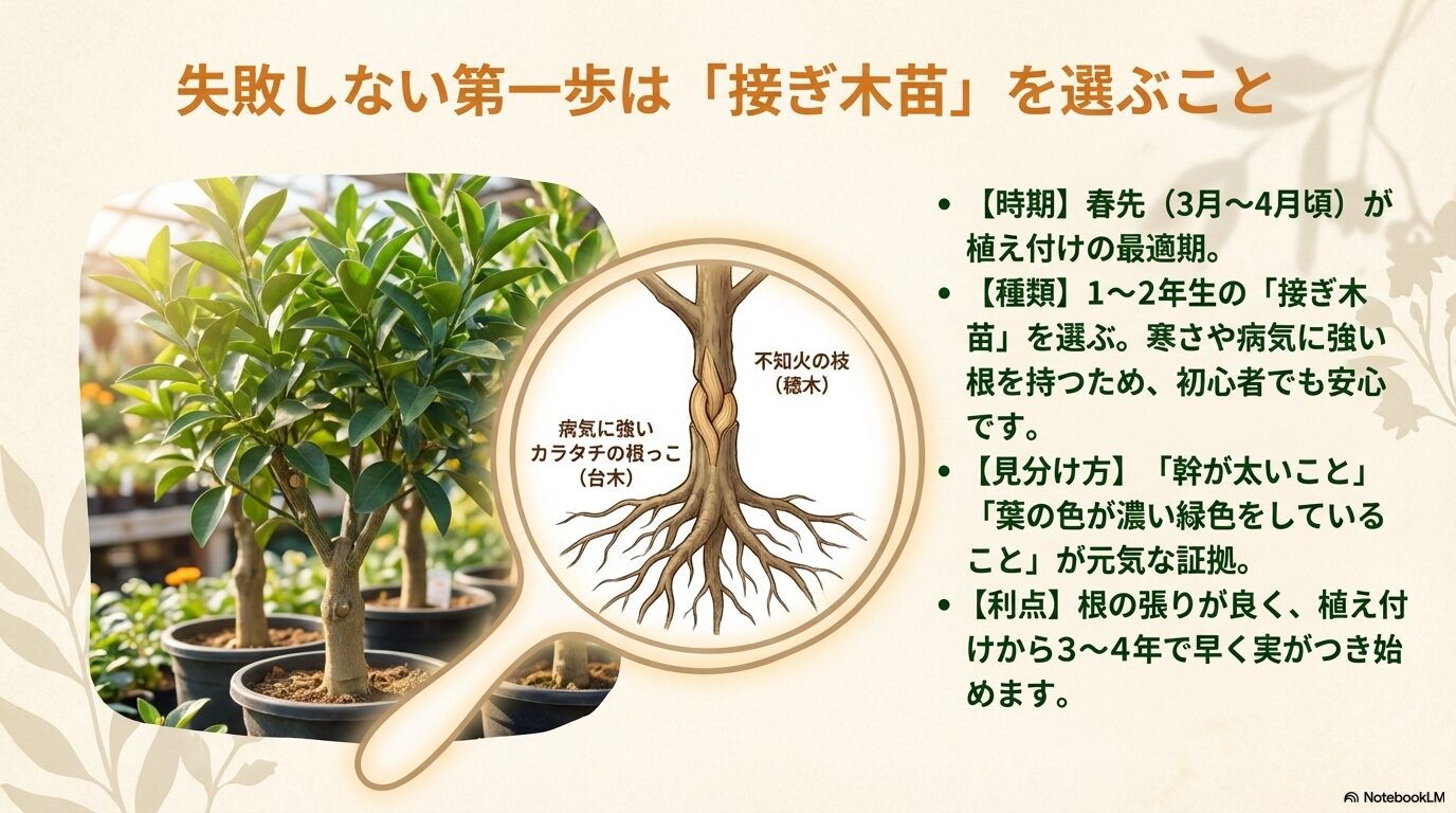病気に強いカラタチの台木と不知火の穂木を合わせた接ぎ木苗の図解