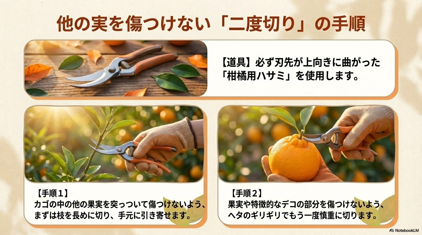 専用の柑橘用ハサミを使いデコポンを優しく二度切りする手順
