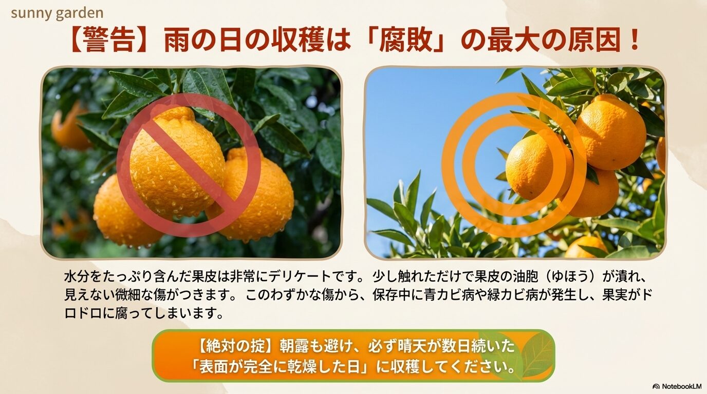 雨の日のデコポン収穫を禁止する警告マーク