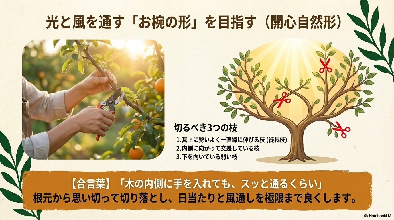 デコポンの剪定で切るべき3つの枝(徒長枝、交差枝、下向きの弱い枝)の図解