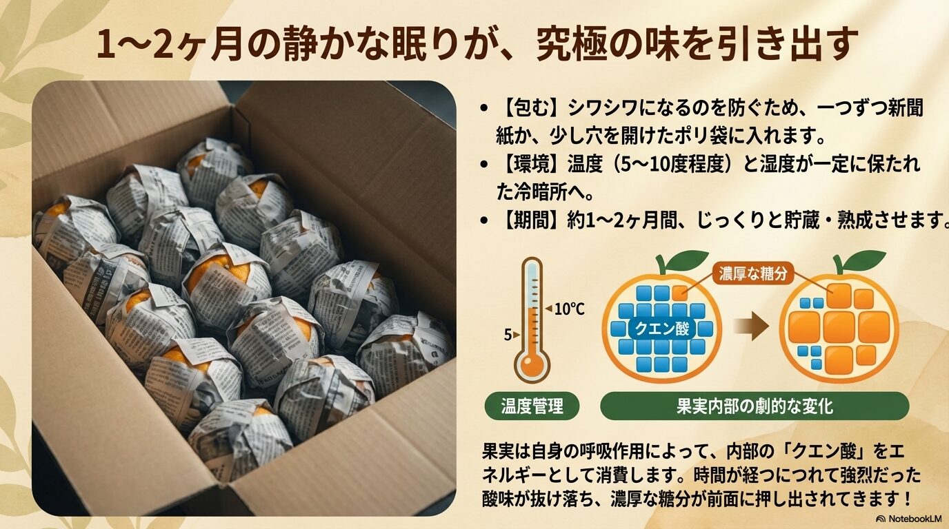 新聞紙に包まれて段ボール箱で冷暗所貯蔵されるデコポン