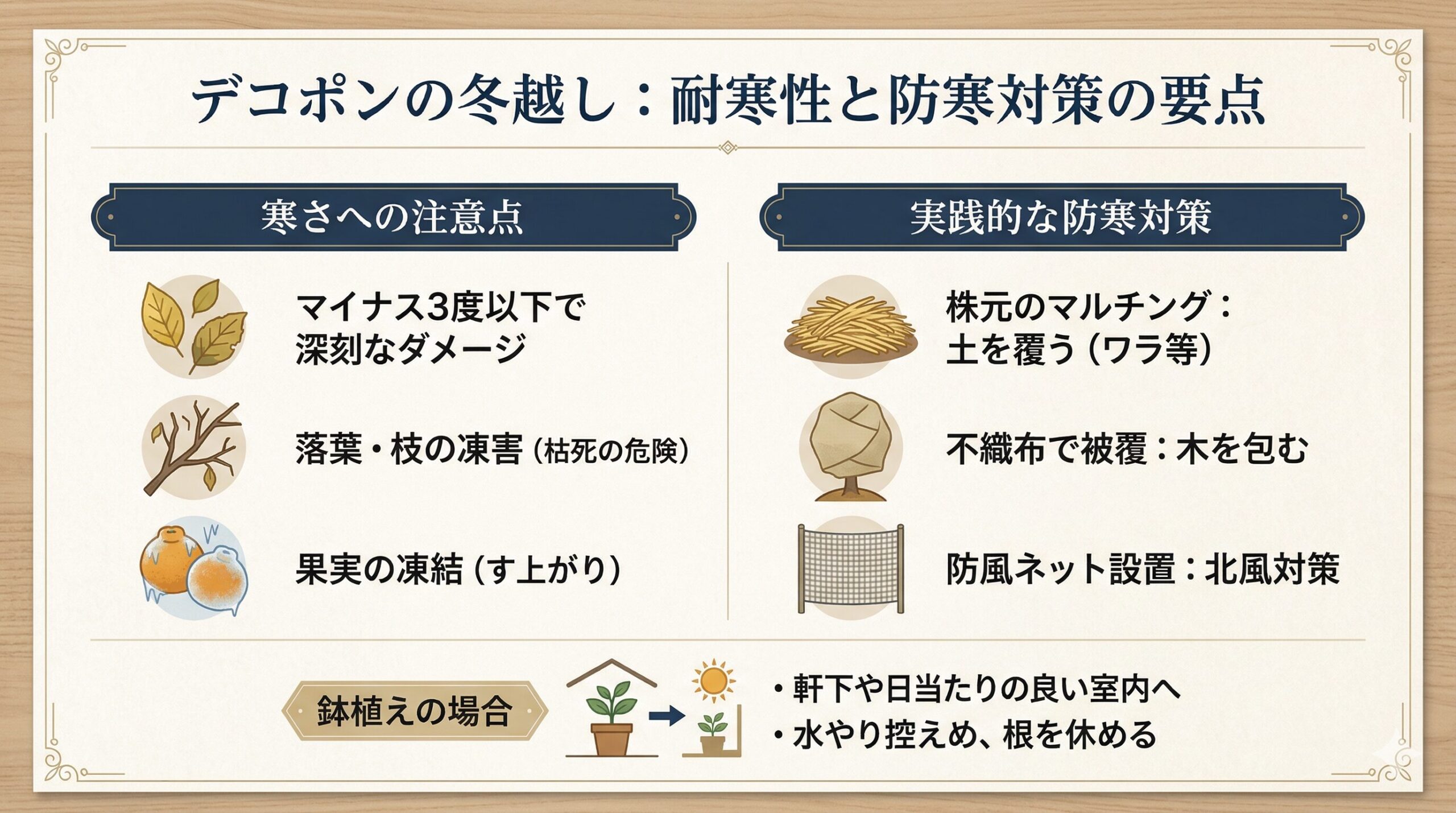 デコポン(不知火)の耐寒性と実践的な冬越し防寒対策をまとめた、気品ある和風のスライド画像。寒さによるダメージ、マルチング、不織布、防風ネット、鉢植えの管理について要点を解説しています。