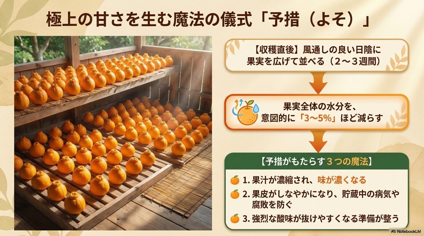 風通しの良い日陰に並べられ水分を飛ばす予措中のデコポン