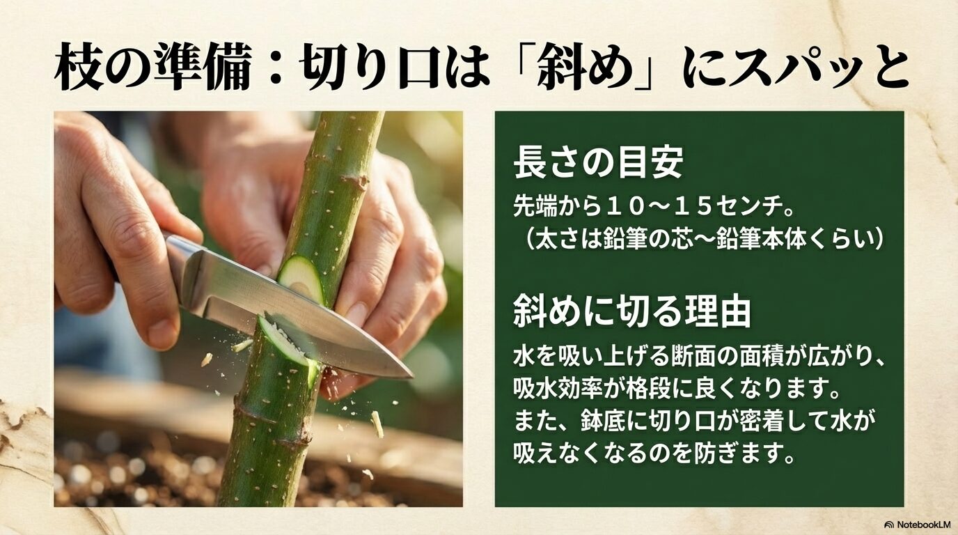 水を吸い上げる面積を広げ吸水効率を良くするために、枝の切り口を斜めにスパッと切る様子