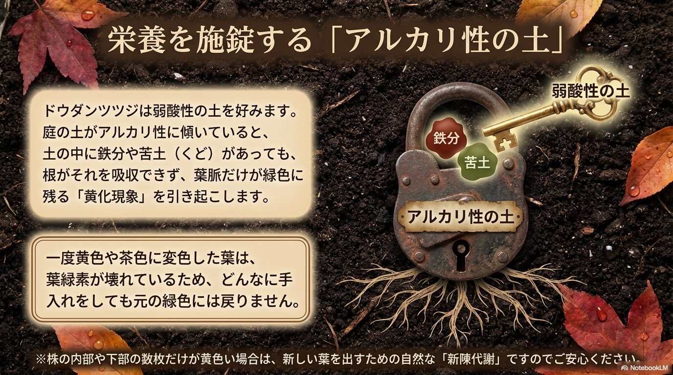 ドウダンツツジが好む弱酸性の土と、鉄分や苦土の吸収を阻害するアルカリ性の土による黄化現象の図解
