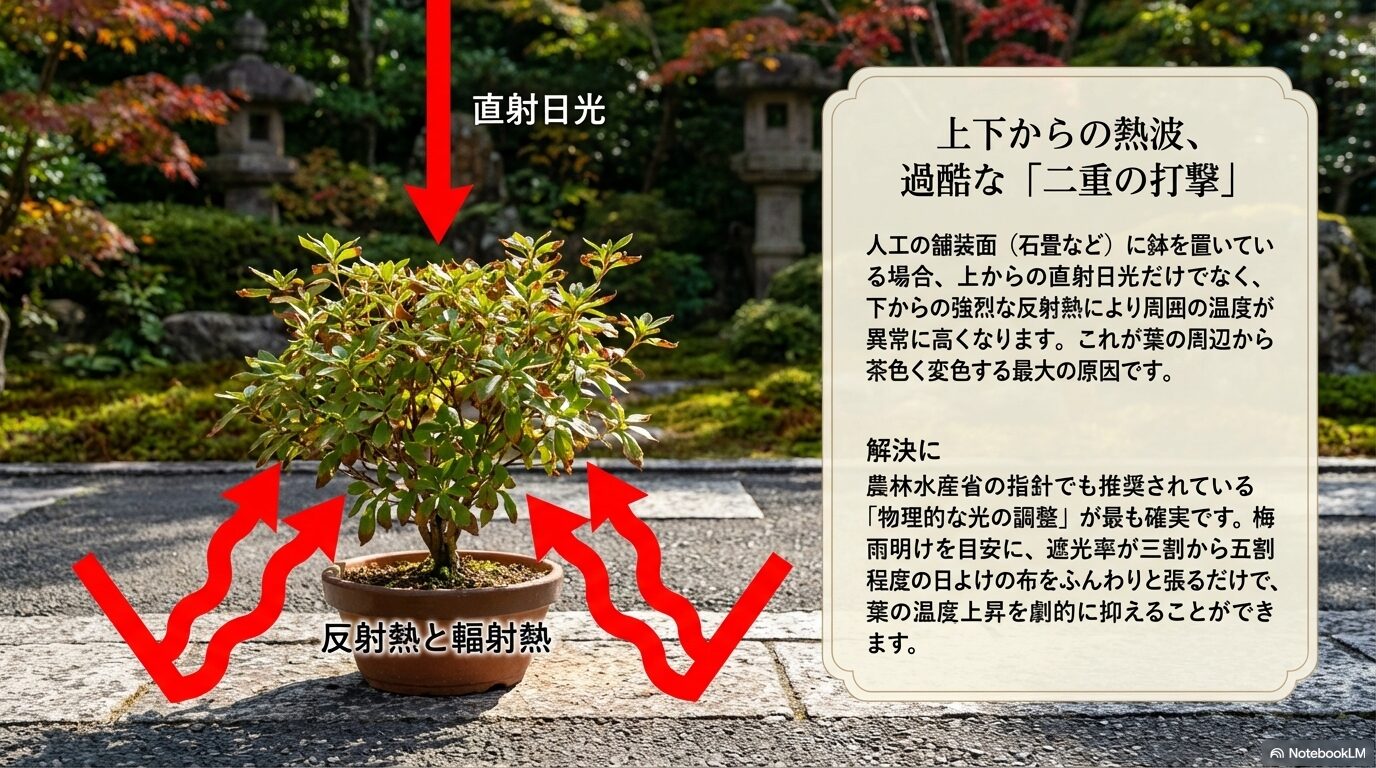 上からの直射日光と人工舗装面からの強烈な反射熱が葉の周辺から茶色く変色させる原因の解説