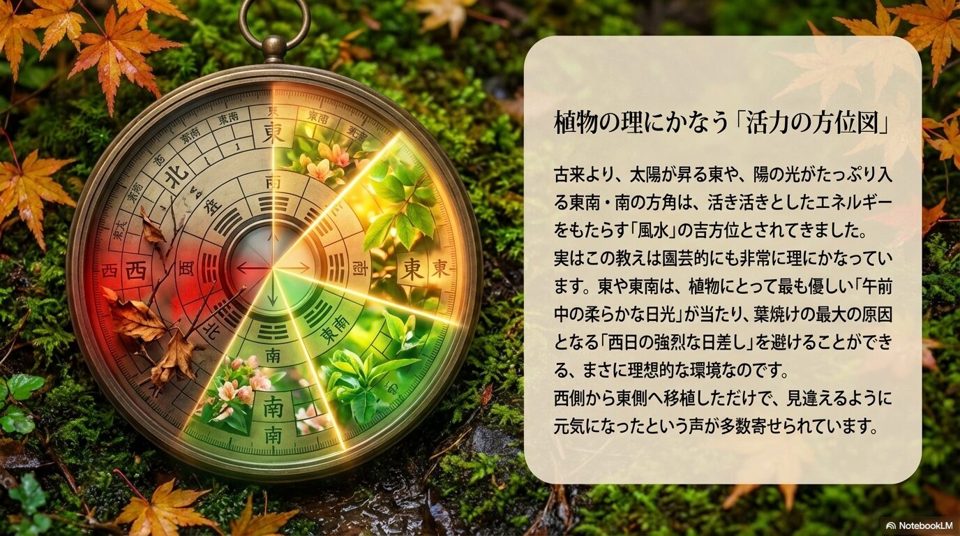 午前中の柔らかな日光が当たり西日を避けられる東や東南・南の吉方位と風水的な植え付け場所の図解