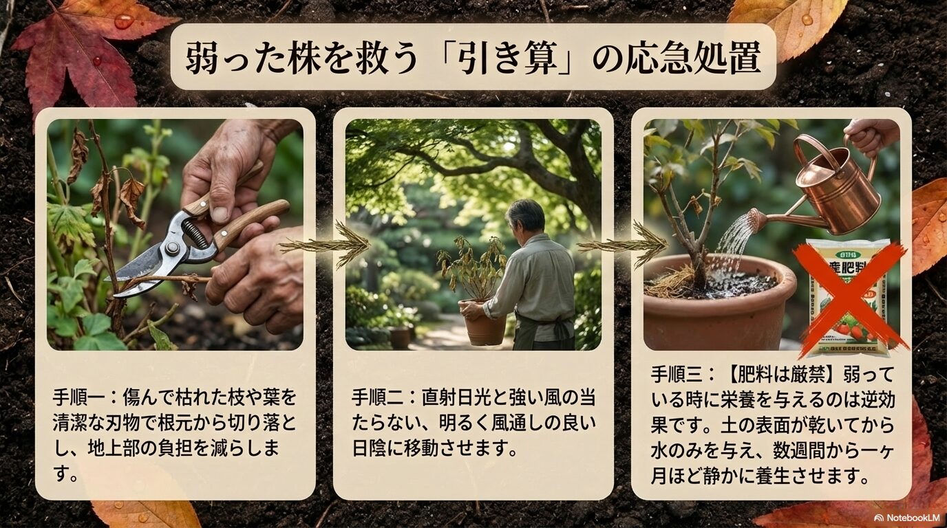 枯れた枝をハサミで切り落とし、肥料を与えずに日陰で養生させるドウダンツツジの応急処置の手順