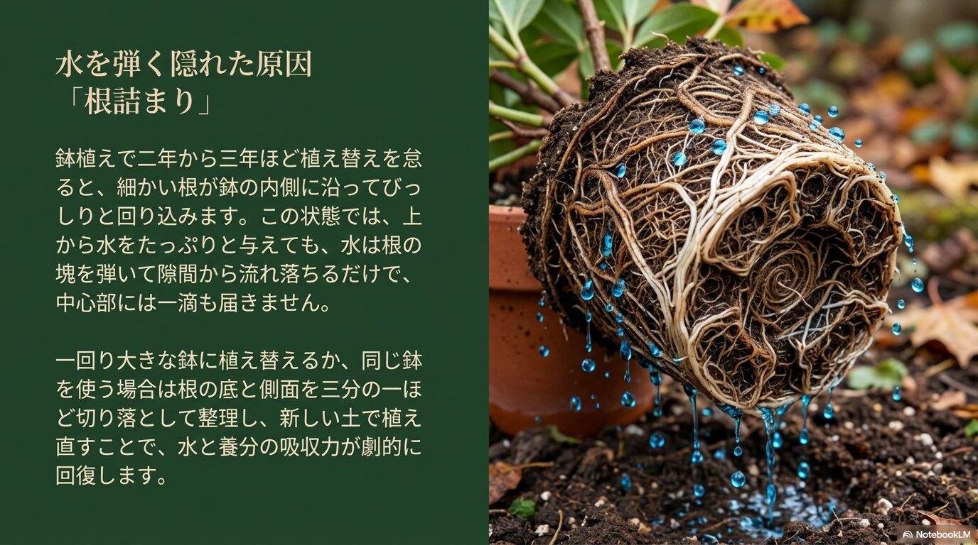 細かい根が鉢の内側に回り込み、水を弾いて中心部に届かなくなる根詰まりのイメージ画像